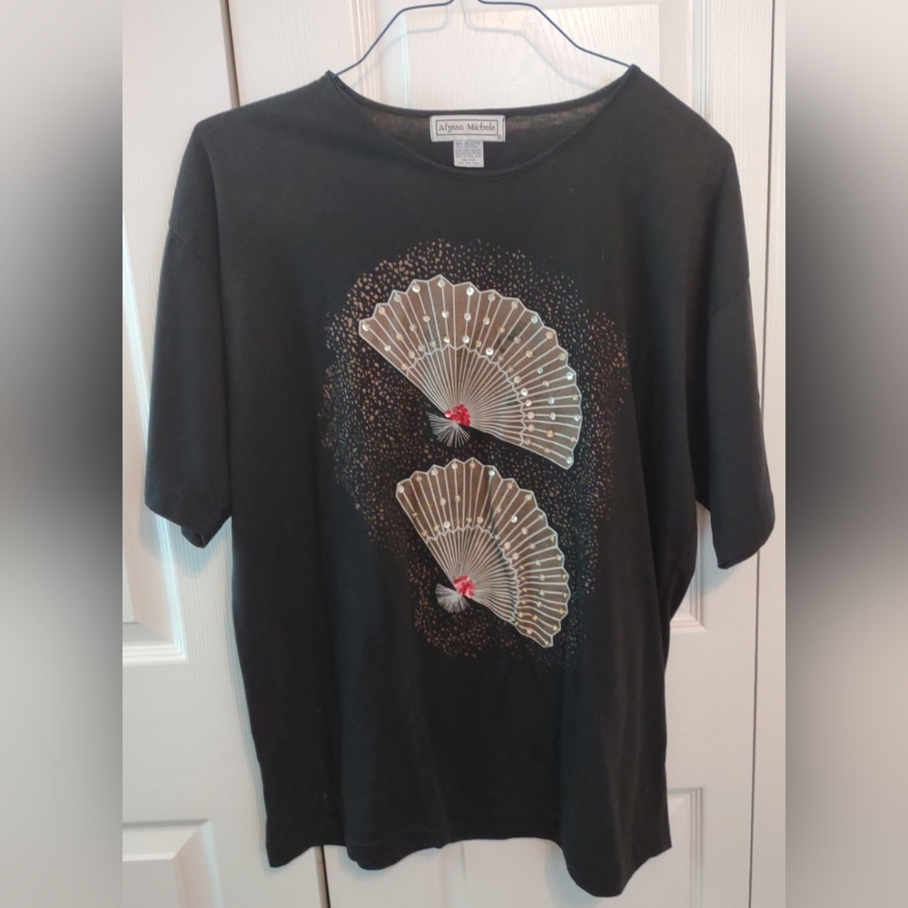 Vintage Alyssa Michele Womens Top One Size Black Short Sleeve Gold Oriental Fans